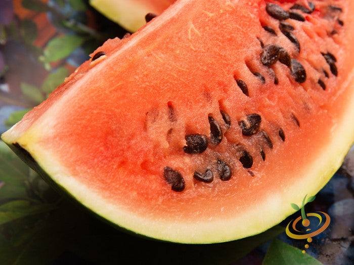 Close-up of a juicy Watermelon Black Diamond slice with bright red flesh and black seeds
