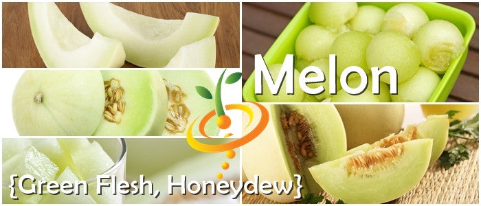 Honeydew melon with green flesh shown in various sliced and whole forms alongside melon balls and seeds